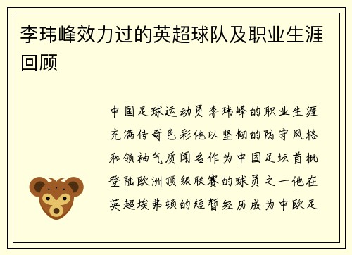 李玮峰效力过的英超球队及职业生涯回顾